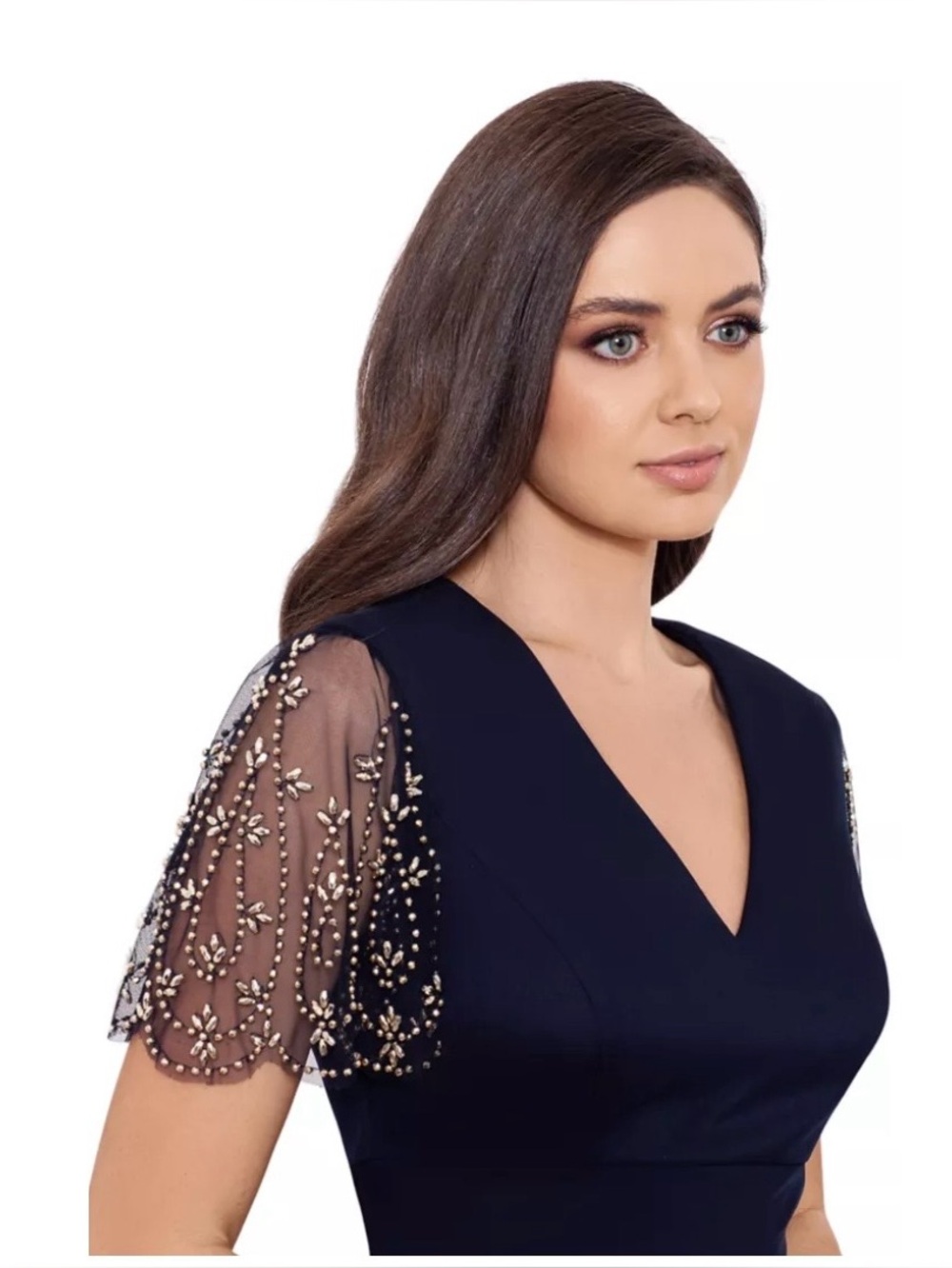 NWT Xscape Navy Beaded Sleeve Ruched Column Gown Size 6